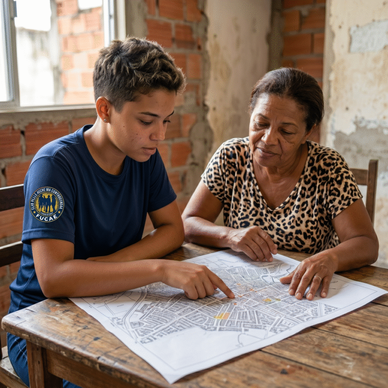 Líder de Fucae y referente local planificando el Proyecto Cidade de Deus 2027 en Río de Janeiro.
